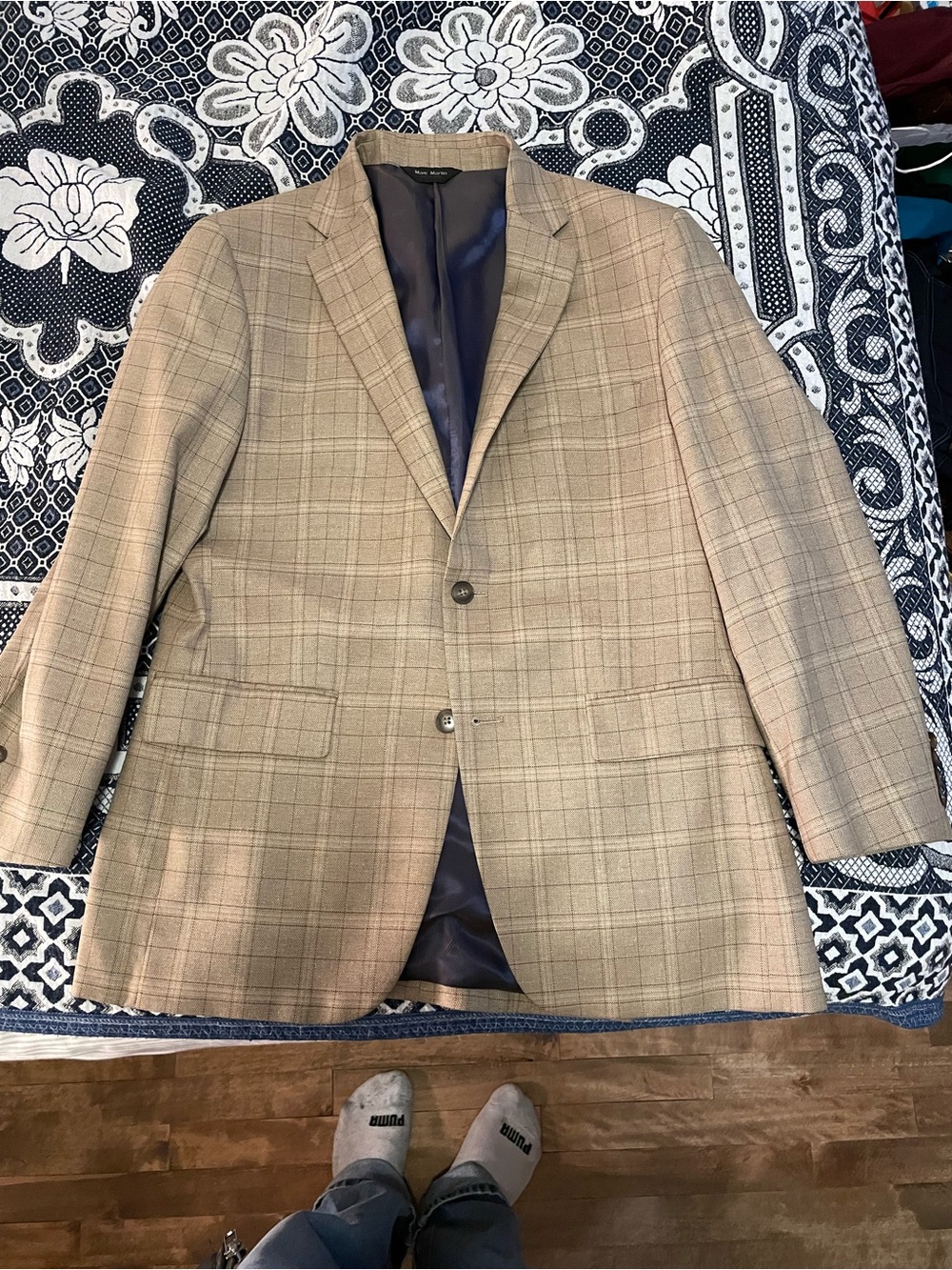 Marc Martin silk wool tan glen check plaid blazer 38R